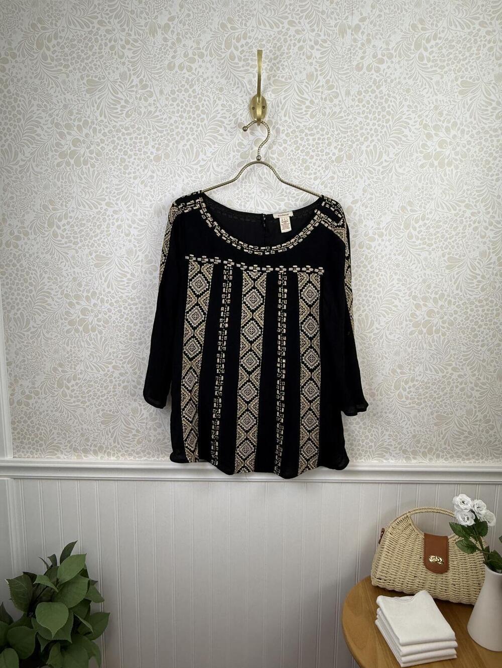 Sundance Black and Tan Embroidered Relaxed Lightweight Blouse - Size - Small
